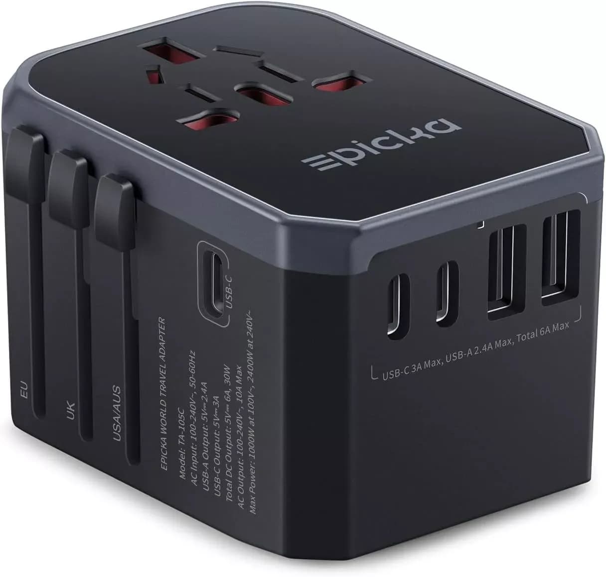 EPICKA Universal Travel Adapter, International Power Plug Adapter with 3 USB-C and 2 USB-A Ports, All-in-One Worldwide Wall Charger for USA EU UK AUS