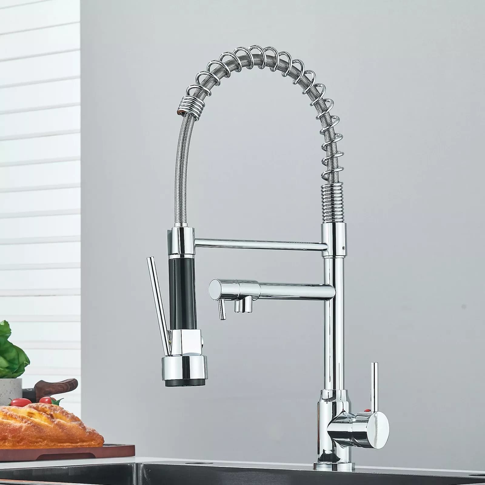 Kitchen Sink Faucet 360° Swivel Sprayer Chrome Mixer Tap Double Lever Modern